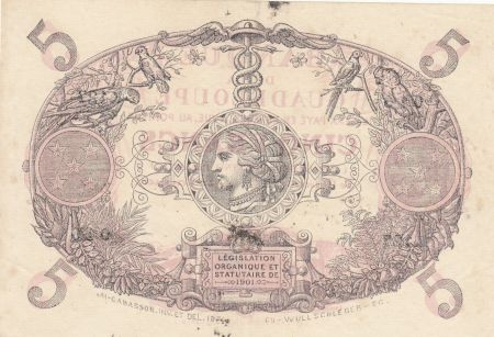 Guadeloupe 5 Francs Cabasson Rouge 1930 - Série F.127 - Non signé ? - SPL