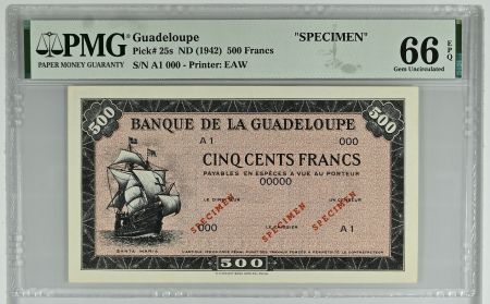 Guadeloupe 500 Francs - Santa Maria - 1945 - Spécimen A.1 - PMG 66 EPQ - Kol.119.1