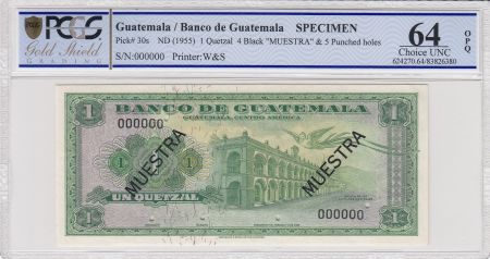 Guatemala 1 Quetzal 1955 - Palais - Lac Atitlan - Spécimen - PCGS 64OPQ