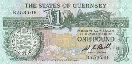 Guernesey 1 Pound ND1980 - Daniel de Lisle Brock - Place du marché en 1882 3ème ex