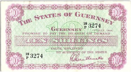 Guernesey 10 Shillings lilas sur vert clair - 1966