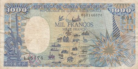 Guinée Equatoriale 1000 Francs 1985 - Carte de l\' Afrique, Eléphant - Série O.01
