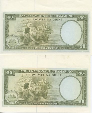 Guinée Portugaise 50 Escudos 1971 - Nuno Tristao - Femme et Bateaux - Epreuves R/V, sans impression noire