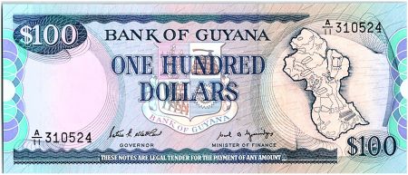 Guyana 100 Dollars,  Carte du Guyana - Eglise - 1989