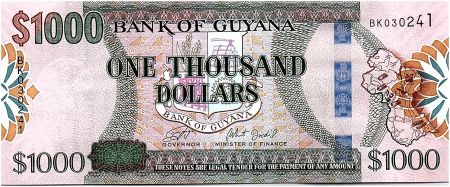 Guyana 1000 Dollars, Carte du Guyana - Banque de Guyana - ND (2019) - Neuf