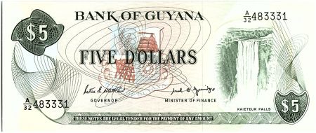 Guyana 5 Dollars, Cascade Kaieteur, Coupe de Canne à sucre - 1989