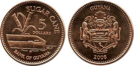 Guyana 5 Dollars Armoiries - Canne à sucre - 2008