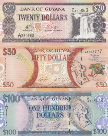 Guyana Série 3 billets 20, 50 et 100 dollars - 2006 à 2016