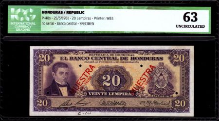 Honduras 20 Lempiras Herrera - Vaches - 1951 - ICG UNC63
