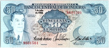 Honduras 50 Lempiras, Juan Manuel Galvez D. - Banque Centrale - 1993