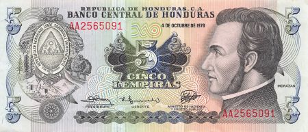 Honduras HONDURAS  MORAZAN - 5 LEMPIRAS 1978