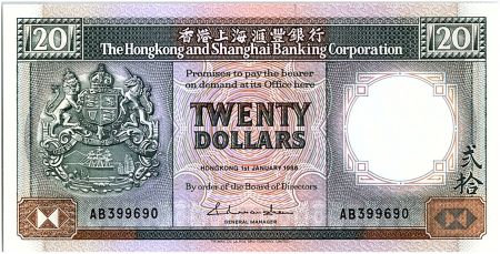Hong-Kong 20 Dollars,  Armoiries - Lions  - 1985 -  P.192 a