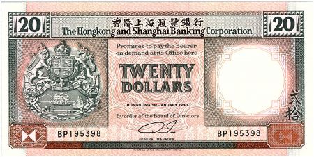 Hong-Kong 20 Dollars,  Armoiries - Lions  - 1990 - P.197 a