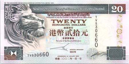 Hong-Kong 20 Dollars,  Banque de Hongkong et Shanghai - 2002
