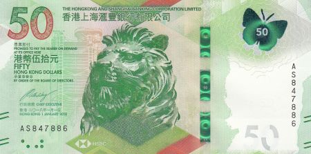 Hong-Kong 50 Dollars, Tête de Lion - HSBC - Papillon - 2018 (2020) - Neuf