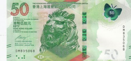 Hong-Kong 50 Dollars, Tête de Lion - HSBC - Papillon - 2020