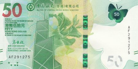 Hong-Kong 50 Dollars, Tour Bank of China - Papillon - 2018 (2020) - Neuf