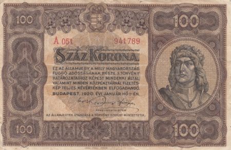 Hongrie 100 Korona Roi Matyas - 1920 - TB + - P.63a Série A..051