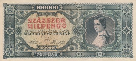 Hongrie 100000 Milpengö 1946 - Jeune femme, Armoiries
