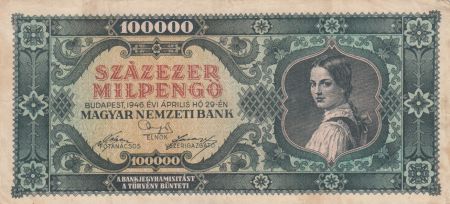 Hongrie 100000 Milpengö Jeune femme - 1946 - TTB - P.127