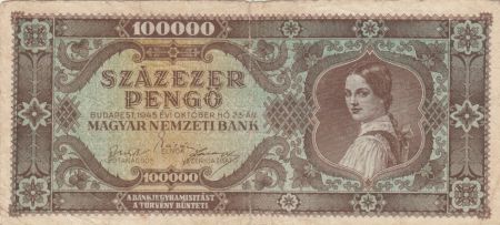 Hongrie 100000 Pengö - Jeune femme - 1945 - TB - P.121