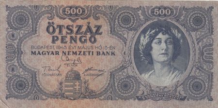 Hongrie 500 Pengö 1945 - Portrait de femme
