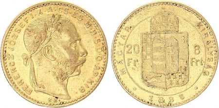 Hongrie 8 Florins / 20 Francs François Joseph I - Armoiries Or - 1888 KB