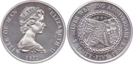 Ile de man 25 Pence - Elisabeth II - 25 ans de mariage - 1947-1972 - Argent