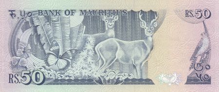 Ile Maurice 50 Rupees ND1986 - Bâtiment, papillon, gazelles