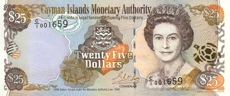 Iles Caïman 25 Dollars 1998 -  Elisabeth II, Carte des îles