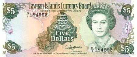 Iles Caïman 5 Dollars 1991 - Elisabeth II - Voilier