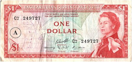 Iles des Caraïbes 1 Dollar,  Elisabeth II - Plage, cocotier - 1965 - P.13h - TB+ - Lettre A