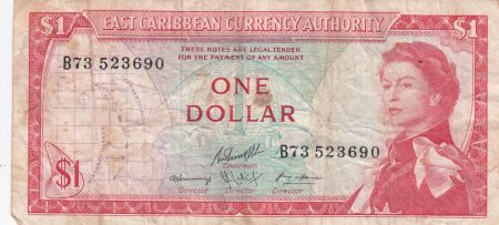 Iles des Caraïbes 1 Dollar, Elisabeth II - Plage, cocotier - 1965
