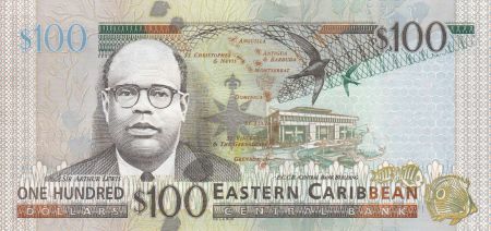 Iles des Caraïbes 100 Dollars Elisabeth II - Sir A. Lewis, Banque Centrale - 2015 - Neuf -  P.55b