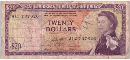 Iles des Caraïbes 20 Dollars Elisabeth II - Plage, cocotier - 1965  - A12