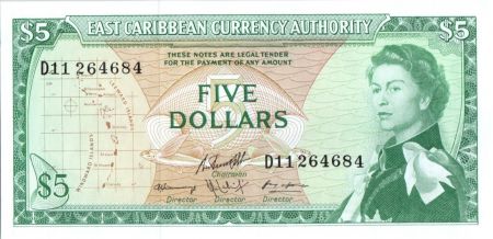 Iles des Caraïbes 5 Dollar Elisabeth II - Plage, cocotier - 1965