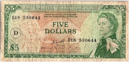 Iles des Caraïbes 5 Dollars,  Elisabeth II - 1965 - P.14 j - TB - Lettre D