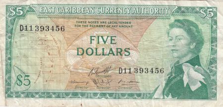 Iles des Caraïbes 5 Dollars, Elisabeth II - Plage, cocotier - 1965 - Série D11