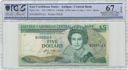 Iles des Caraïbes 5 Dollars Elisabeth II - Palmier - 1988 - PCGS 67 OPQ