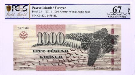 Iles Féroé 1000 Kronur, Oiseau - Vue de Sandoy - 2011 - PCGS 67 OPQ