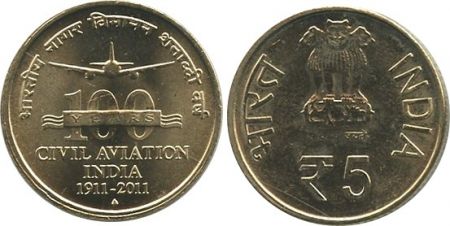 Inde NEW.2011.2 5 Rupees, 100 ans Aviation civil indienne
