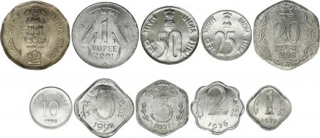 Inde Série 10 pièces 1 Paise à 2 Rupees - 1972 à 2002