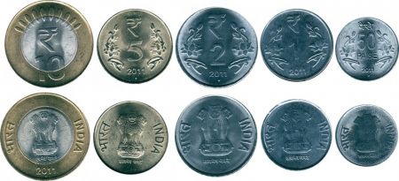 Inde SET.2 Série 5 pièces 50 Paise à 10 Rupees 2011