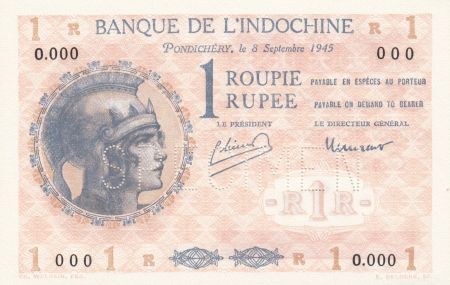Indes Françaises 1 Roupie - Femme casquée - Spécimen - 1945 - UNC - Kol.308ds