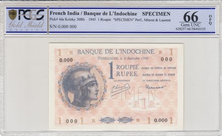 Indes Françaises 1 Roupie Femme casquée - 1945 - Spécimen O.000 - PCGS 66 OPQ