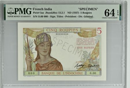 Indes Françaises 5 Roupies - Femme casquée - Specimen - ND (1936) - Kol.309as - PMG 64 EPQ