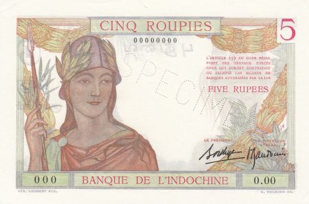 Indes Françaises 5 Roupies - Femme casquée - Specimen - ND (1936) - Kol.309as