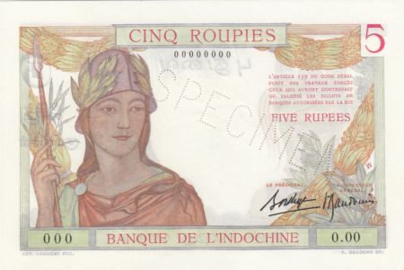 Indes Françaises 5 Roupies Femme casquée - ND (1937) - Spécimen O.00