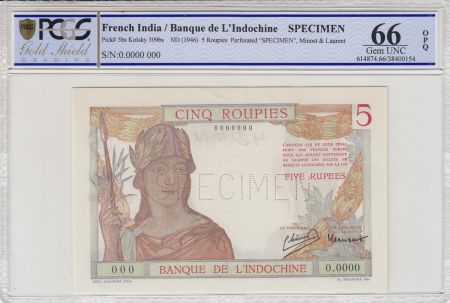 Indes Françaises 5 Roupies Femme casquée - ND (1945) - Spécimen O.0000 - PCGS 66 OPQ