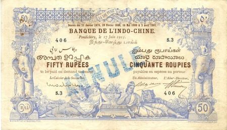 Indes Françaises 50 Rupees 17-06-1915 - Elephants, animaux, femme